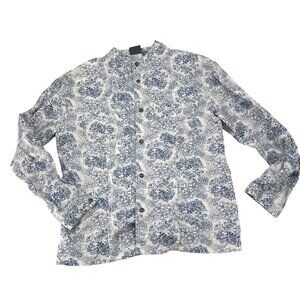 Lizwear Vintage Floral Blue & White Button-Up Shirt sz Large Long Sleeve Cottage